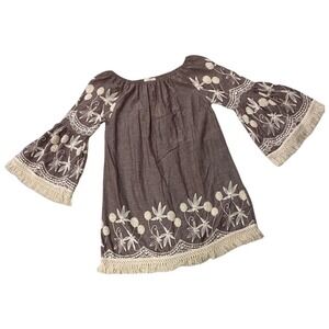 VELZERA‎ Womens Boho Embroidered Bell Sleeve Dress Brown Off Shoulder S Small